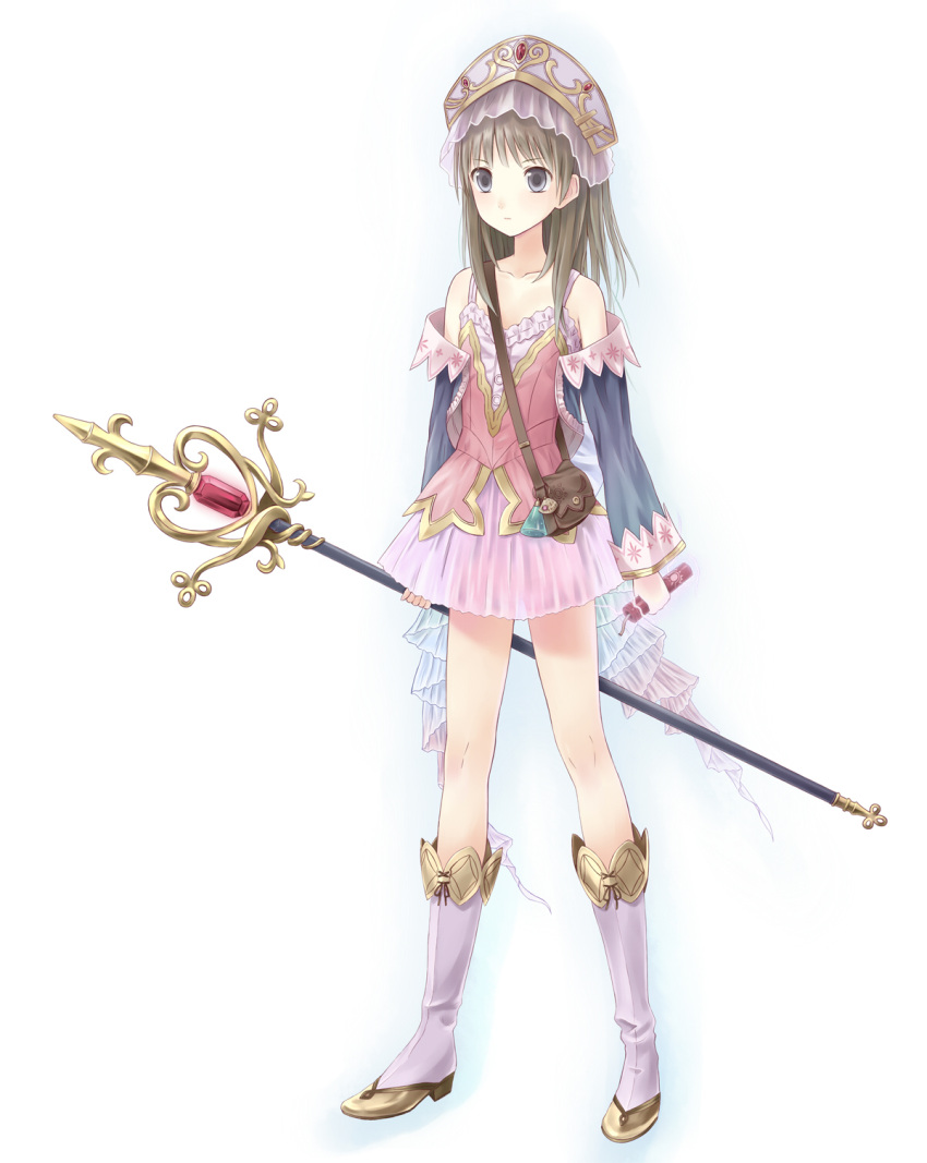 atelier atelier_(series) atelier_totori bad_id bag bare_shoulders blue_eyes boots bottle brown_hair detached_sleeves dress explosive hat highres jewelry long_hair medicine_bottle ohirune see-through shoulder_bag simple_background skirt solo staff totooria_helmold white_background