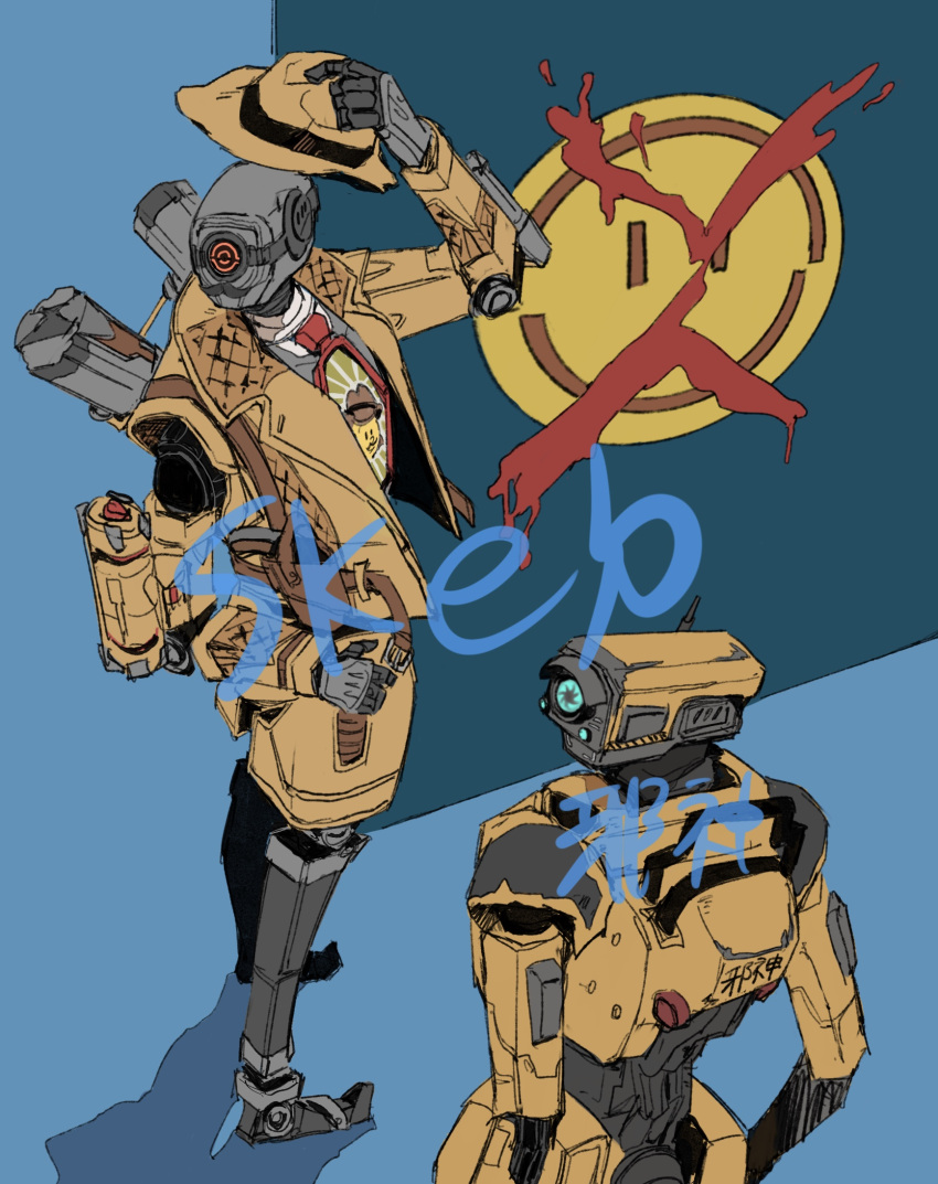 1boy apex_legends blue_eyes brown_headwear brown_jacket commission fake_facial_hair fake_mustache fedora from_above hat highres humanoid_robot jacket looking_back looking_to_the_side mrvn one-eyed open_hand pathfinder_(apex_legends) red_eyes science_fiction skeb_commission trench_coat watermark y_(user_rjry7778)