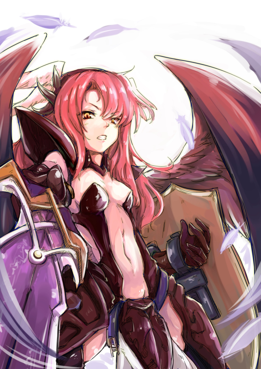 armor center_opening clenched_teeth feathers gloves head_wings highres long_hair minerva_(p&amp;d) nishimura_nike puzzle_&amp;_dragons red_hair redhead shield shoulder_pads solo sword weapon wings yellow_eyes