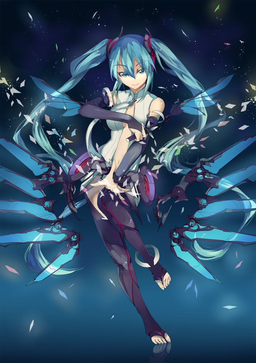 1girl anklet aqua_hair barefoot bridal_gauntlets center_opening feet green_eyes hatsune_miku hatsune_miku_(append) highres jewelry long_hair miku_append navel necktie smile solo tajador thigh-highs thighhighs toeless_legwear toeless_socks toes twintails very_long_hair vocaloid vocaloid_append wings
