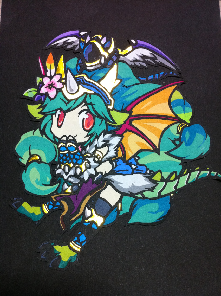1girl absurdres armor blush chibi cutout dragon dragon_girl dragon_wings flower fur green_hair hair_flower hair_ornament hands_to_mouth highres horns ice ikeya_(higumake) marker_(medium) monster_girl photo puran_(p&amp;d) puzzle_&amp;_dragons red_eyes solo traditional_media vambraces vines wings