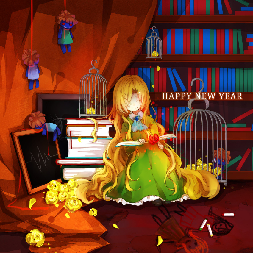 birdcage blonde_hair book bookshelf brooch cage crayon doll flower happy_new_year highres ib jewelry long_hair mary_(ib) petals rose rue_(wyha666) smile solo