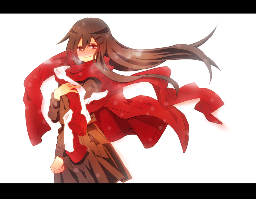 1girl ayano_(kagerou_project) black_hair blush hair_ornament hairclip kagerou_project kuboo long_hair scarf school_uniform solo tears toumei_answer_(vocaloid) track_jacket