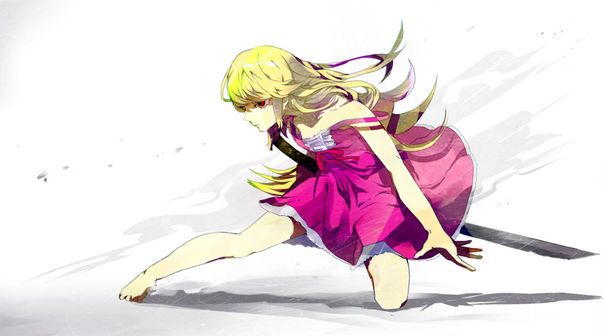 1girl bare_shoulders barefoot blonde_hair dress itou long_hair monogatari_(series) oshino_shinobu red_eyes solo strap_slip