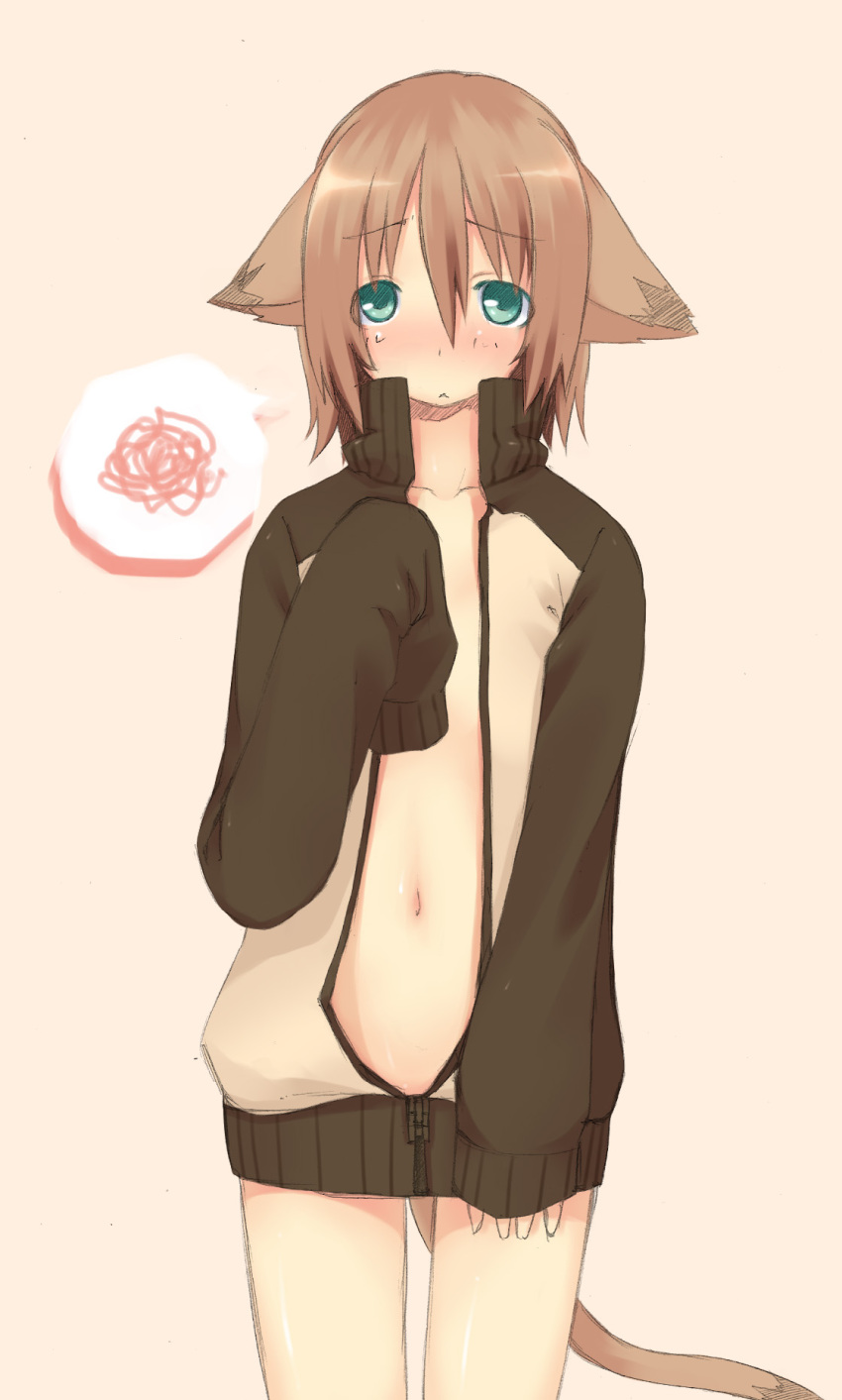 1girl animal_ears blush cat_ears cat_tail copyright_request flat_chest green_eyes highres looking_at_viewer majima_yuki naked_coat open_clothes open_jacket short_hair simple_background sleeves_past_wrists solo squiggle tail