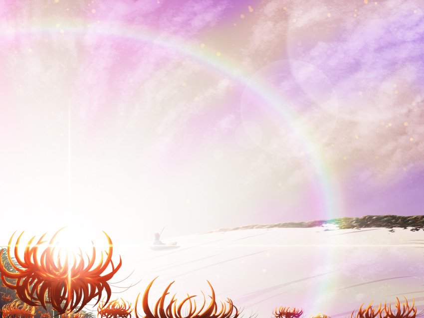 1girl boat flower highres highres1girl lens_flare onozuka_komachi paji red_eyes red_hair redhead river scenery short_hair solo spider_lily touhou water