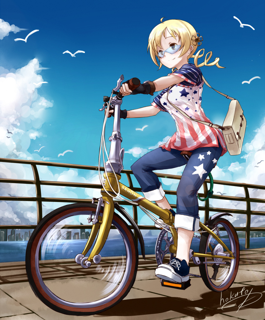 1girl ahoge american_flag artist_name bag bicycle bird blonde_hair blush brown_eyes capri_pants cloud clouds drill_hair fingerless_gloves folding_bicycle glasses gloves hair_ornament highres hokuchin jeans mahou_shoujo_madoka_magica messenger_bag no_socks railing riding shoes shoulder_bag signature sky smile sneakers solo star tomoe_mami twin_drills twintails wrap-around_shades yellow_eyes