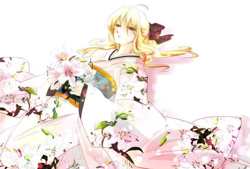 1girl ahoge blonde_hair blue_eyes blush bow fate/unlimited_codes fate_(series) flower hair_bow highres japanese_clothes kimono kiyonono long_hair lying on_back saber saber_lily solo