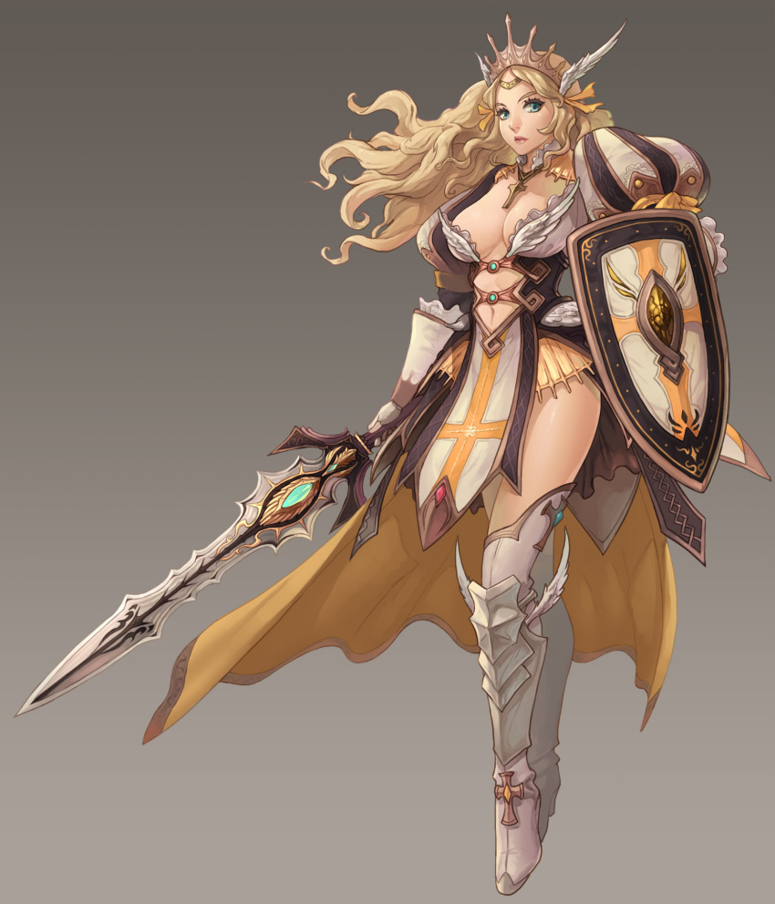 1girl blonde_hair boots breasts cleavage full_body highres jay27 large_breasts original shield simple_background solo sword weapon