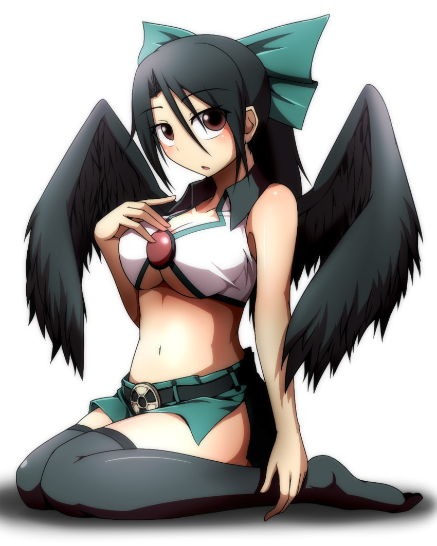 1girl adapted_costume bare_arms belt black_hair black_legwear black_wings bow breasts brown_eyes cleavage collarbone hair_bow hand_on_own_chest highres large_breasts long_hair looking_at_viewer midriff miniskirt navel no_shoes radiation_symbol rapid_inaba reiuji_utsuho shirt sitting skirt solo thigh-highs thighhighs third_eye touhou under_boob underboob wariza wings zettai_ryouiki