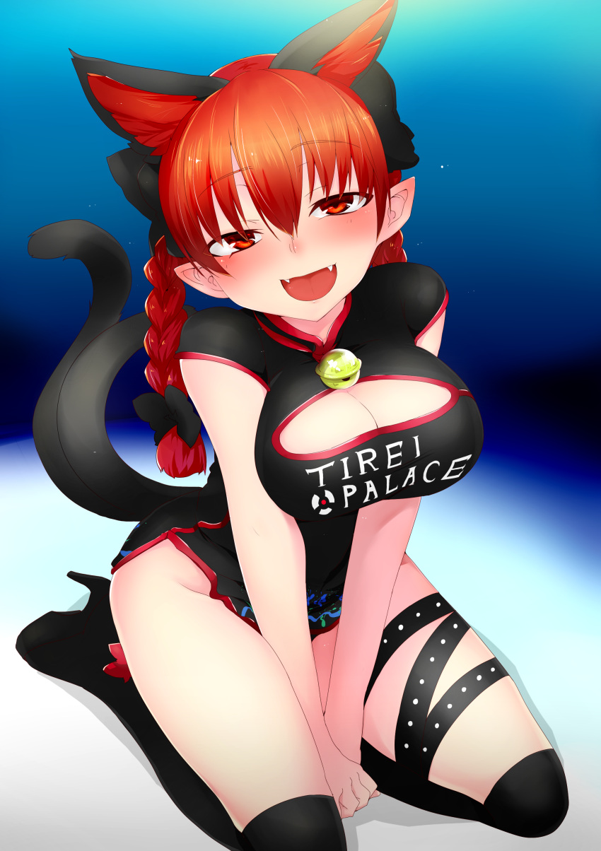 absurdres alternate_costume animal_ears bell boots bow braid breasts cat_ears cat_tail china_dress chinese_clothes cleavage cleavage_cutout fangs hair_bow highres kaenbyou_rin large_breasts looking_at_viewer mizuga pointy_ears race_queen racequeen red_eyes red_hair redhead smile solo tail thigh-highs thigh_boots thighhighs touhou twin_braids