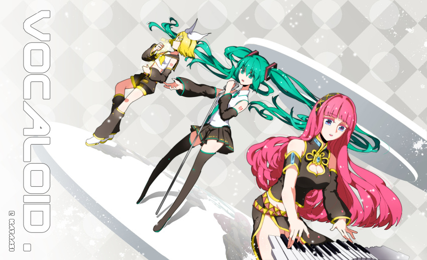 blonde_hair blue_eyes boots checkered checkered_background closed_eyes detached_sleeves floating_hair green_eyes green_hair hair_ornament hair_ribbon hairclip hatsune_miku highres kagamine_rin long_hair megurine_luka microphone microphone_stand midriff necktie outstretched_arm piano_keys pianzu_mao pink_hair ribbon short_hair skirt thigh-highs thigh_boots thighhighs twintails very_long_hair vocaloid
