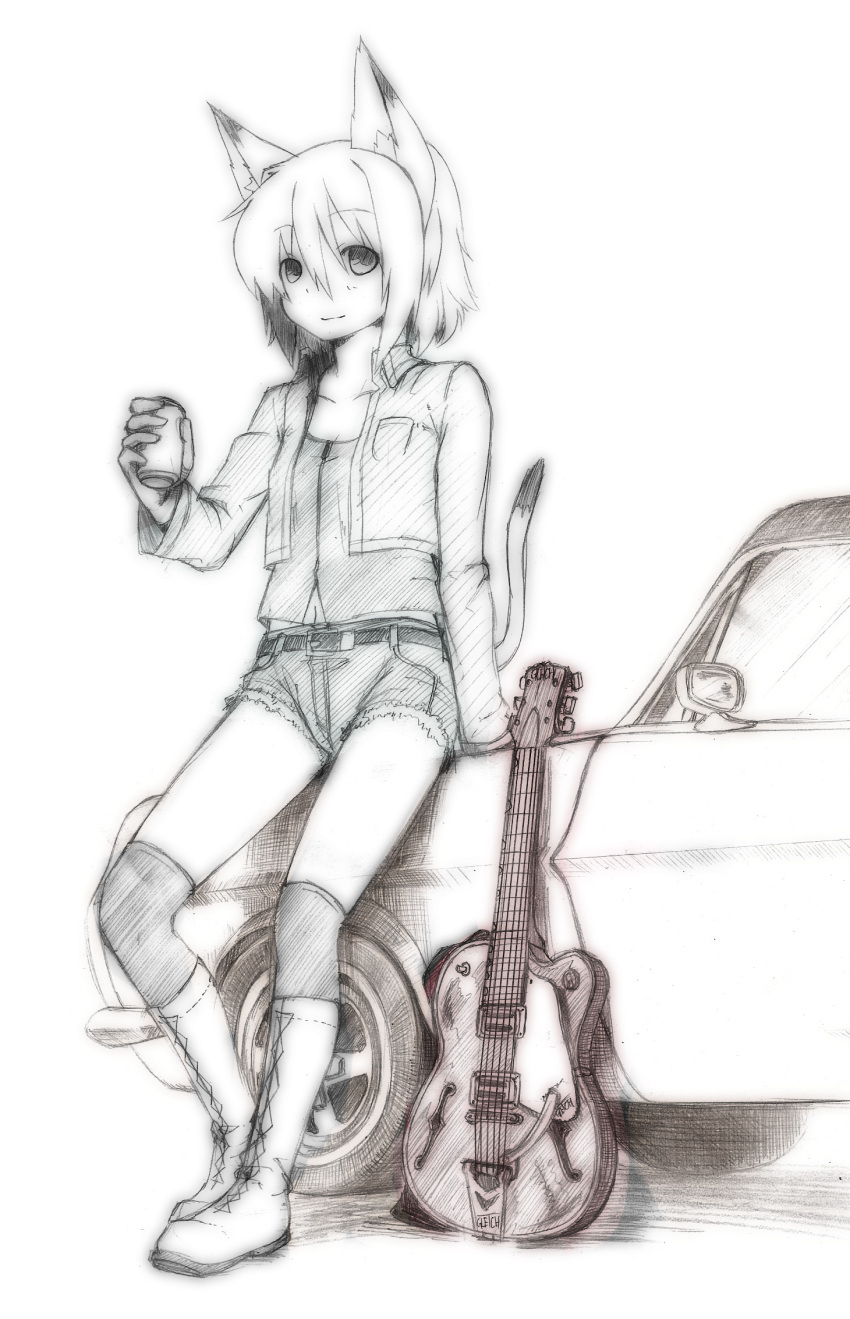 1girl animal_ears blush boots cat_ears cat_tail copyright_request cutoffs flat_chest guitar highres instrument majima_yuki monochrome short_hair shorts simple_background smile solo tail thighhighs white_background