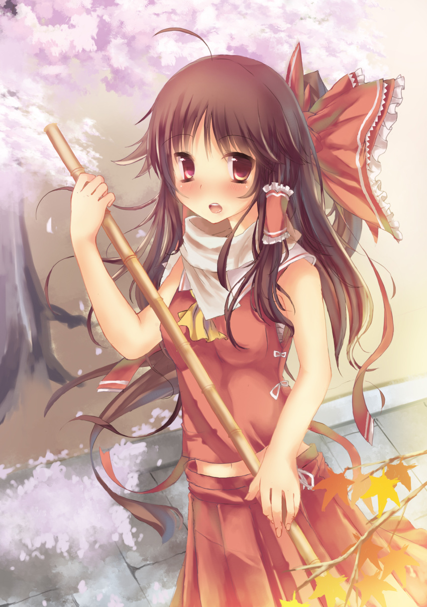1girl absurdres adapted_costume ascot autumn_leaves bamboo bare_arms blush bow brown_eyes brown_hair cherry_blossoms ha_ru hair_bow hair_tubes hakurei_reimu highres looking_at_viewer midriff navel open_mouth petals scarf shirt skirt skirt_set solo touhou tree