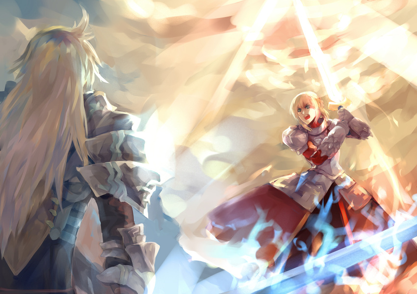 1boy 1girl armor armored_dress balmung_(fate/apocrypha) blonde_hair clarent fate/apocrypha fate_(series) glowing glowing_sword glowing_weapon green_eyes highres izumi_minato long_hair mordred saber_of_black saber_of_red siegfried_(fate/apocrypha) sword weapon white_hair