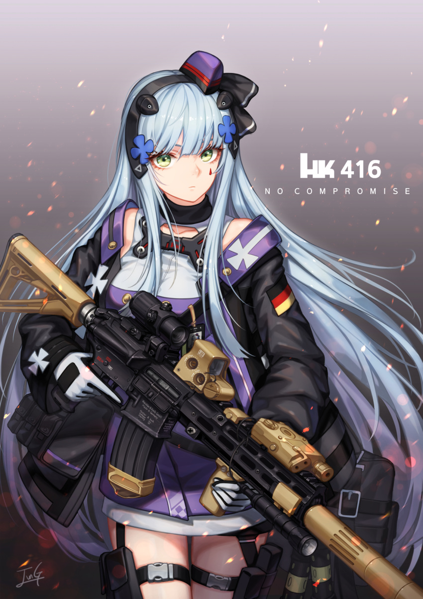 1girl assault_rifle baek_hyang bangs biting black_jacket black_shorts blunt_bangs blush breasts character_name cowboy_shot cross_hair_ornament dress english_commentary expressionless eyebrows_visible_through_hair facial_mark girls_frontline gloves green_eyes gun h&amp;k_hk416 hair_ornament hat heckler_&amp;_koch highres hk416_(girls_frontline) holding holding_gun holding_weapon jacket long_hair long_sleeves looking_at_viewer medium_breasts military military_uniform mini_hat mod3_(girls_frontline) name_tag open_clothes open_jacket purple_shirt rifle shirt short_shorts shorts sidelocks silver_hair sleeveless sleeveless_dress snap-fit_buckle solo standing teardrop thigh_strap thighs trigger_discipline two-tone_background uniform very_long_hair weapon white_gloves