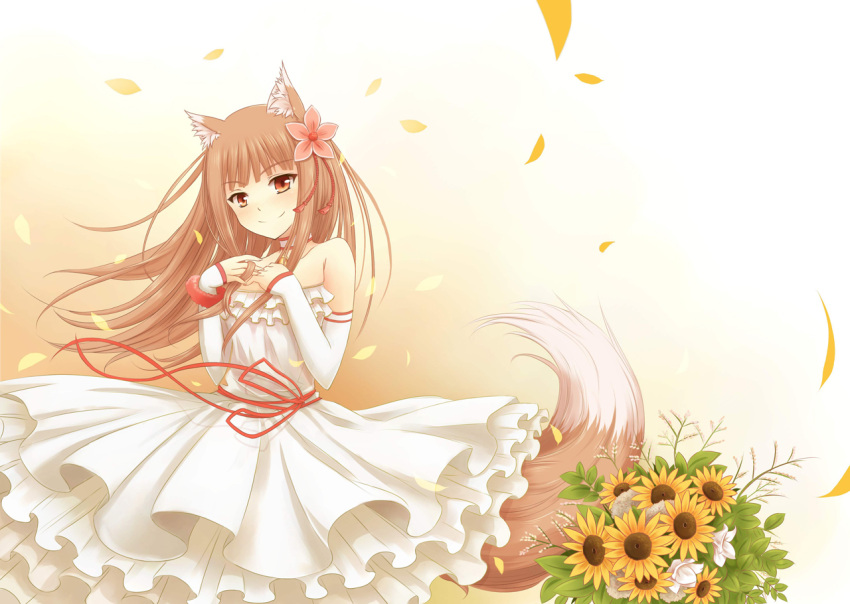 1girl alternate_costume animal_ears blush brown_hair choker dress flower frilled_dress frills hair_flower hair_ornament holo long_hair looking_at_viewer nncat petals red_eyes ribbon smile solo spice_and_wolf sunflower tail wolf_ears wolf_tail