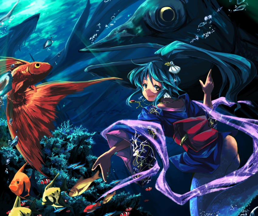 1girl animal_ears aqua_eyes clam coral fish hair_ornament highres japanese_clothes jewelry kimono long_hair looking_back mermaid monster_girl necklace original ponytail solo sorano_eika underwater