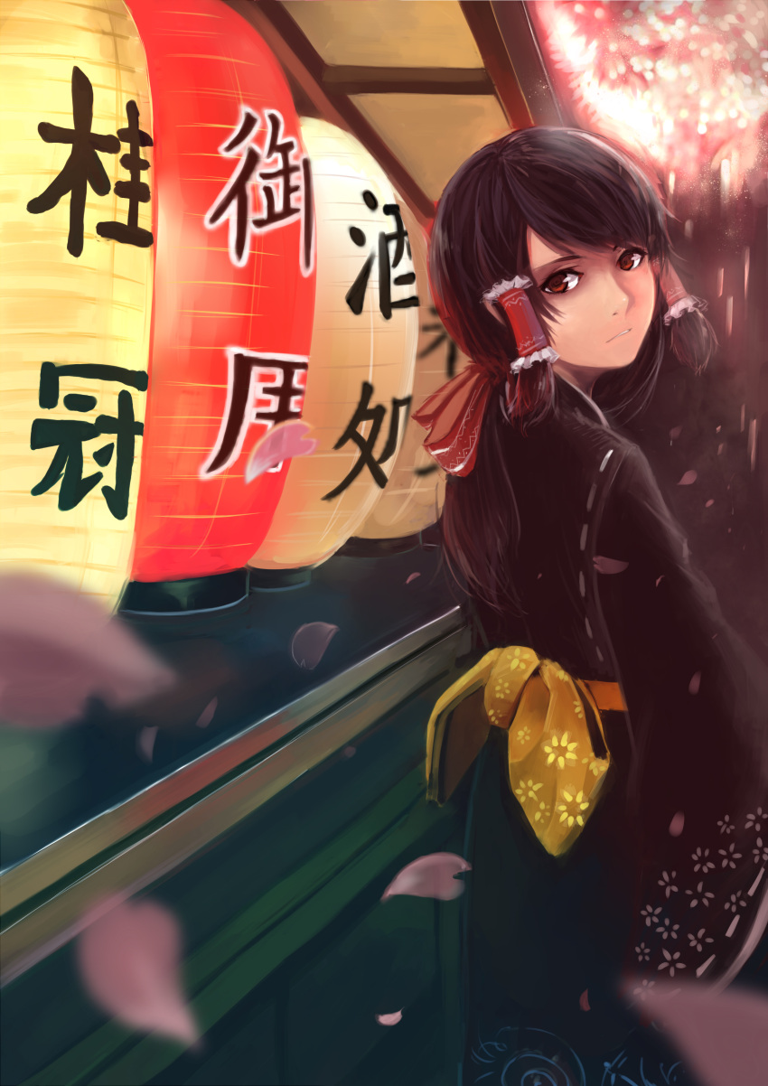 1girl absurdres alternate_hairstyle black_hair blurry brown_eyes cherry_blossoms depth_of_field female fireworks floral_print flower hair_ornament hair_ribbon hair_tubes hakurei_reimu highres japanese_clothes kimono lantern light long_hair looking_at_viewer looking_back obi parted_lips petals red_eyes ribbon sola7764 solo touhou traditional_clothes