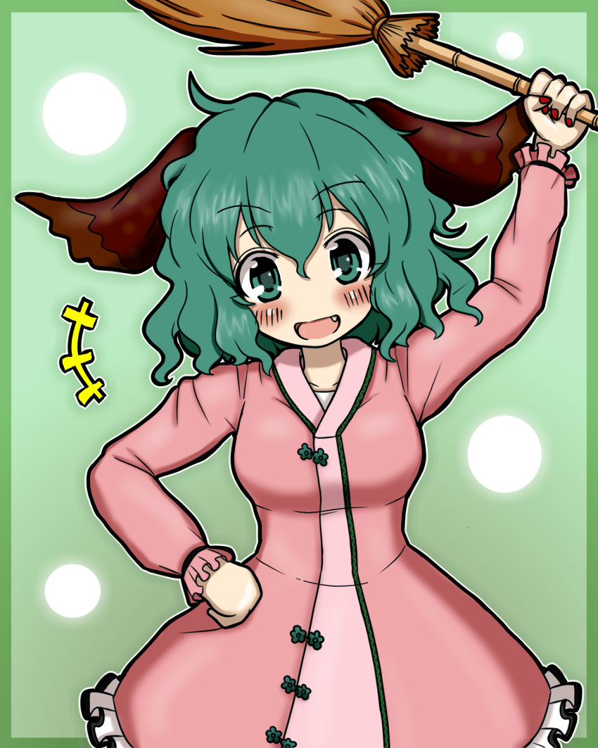 1girl animal_ears arm_up bamboo_broom blush broom dress eruru_(erl) fang frame green_eyes green_hair hand_on_waist highres holding_up kasodani_kyouko lights long_sleeves looking_at_viewer open_mouth pink_dress red_fingernails short_hair smile solo touhou