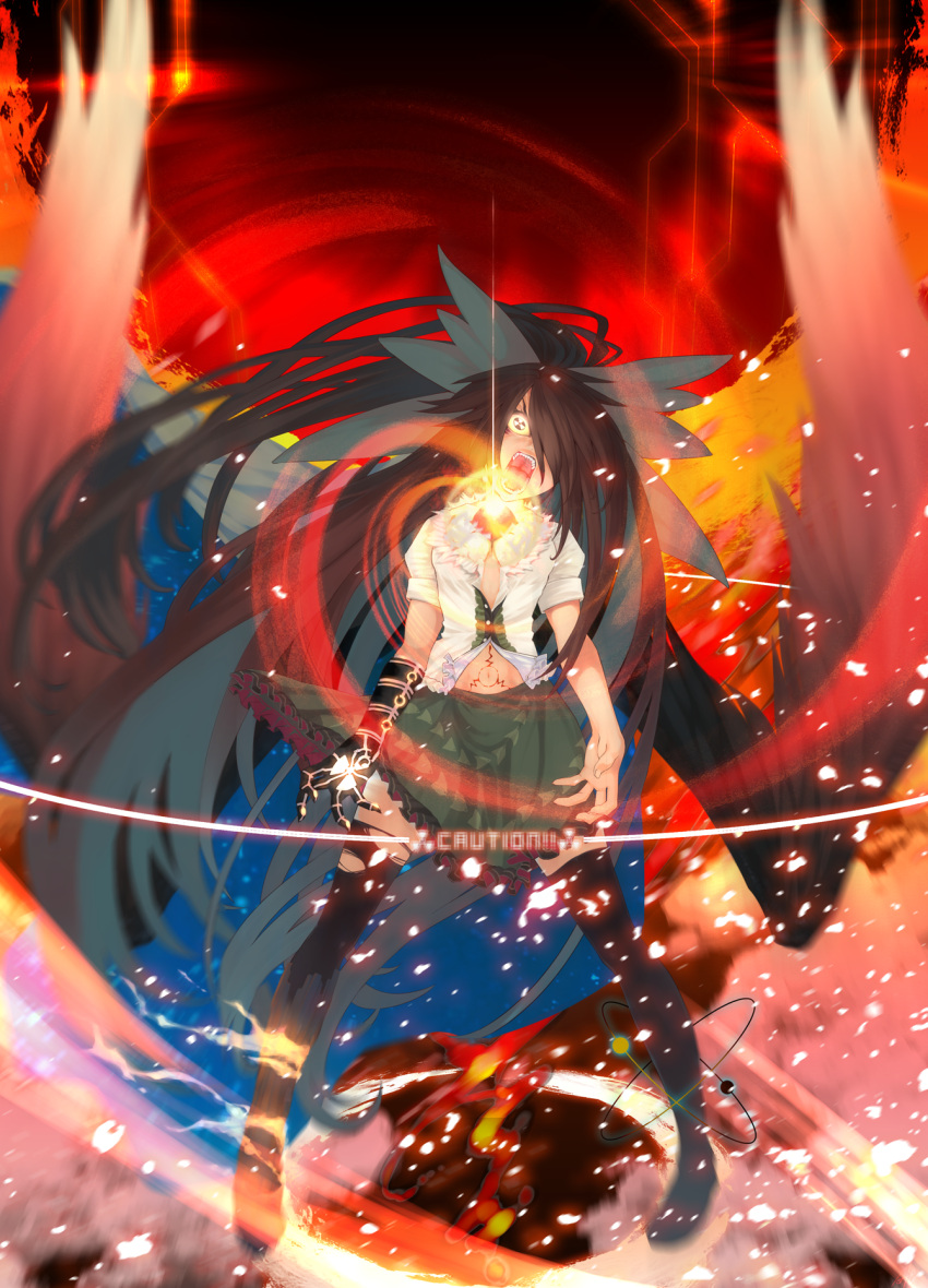 1girl black_hair black_legwear bow cape fire gloves glowing glowing_eyes hair_bow head_tilt highres kumonji_aruto long_hair navel open_clothes open_mnouth open_mouth open_shirt radiation_symbol reiuji_utsuho sharp_teeth solo thigh-highs thighhighs touhou wings
