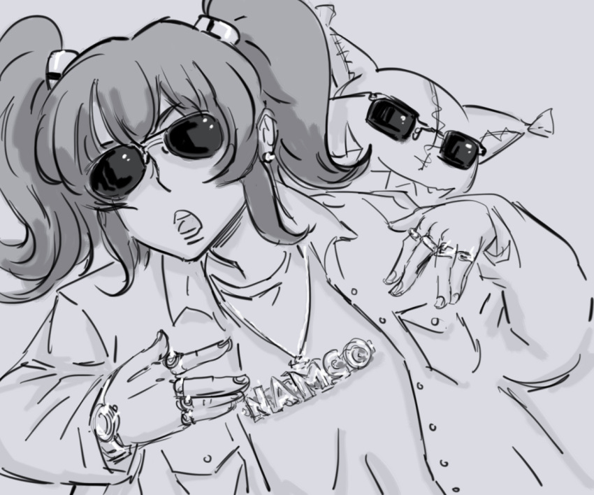1girl anise_tatlin bb_(baalbuddy) bling earrings jewelry long_hair monochrome necklace open_clothes open_shirt ring stuffed_animal stuffed_toy sunglasses tales_of_(series) tales_of_the_abyss tokunaga twintails watch wristwatch