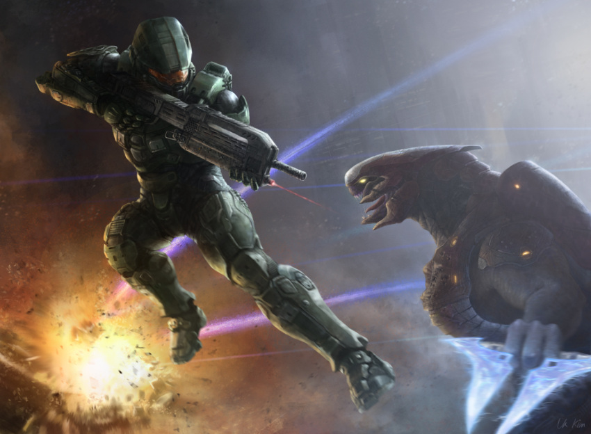 1boy alien armor battle_rifle br85hb_sr bullpup energy_sword explosion fighting gun halo halo_(game) halo_4 helmet master_chief open_mouth power_suit rifle sangheili spartan sword weapon yellow_eyes