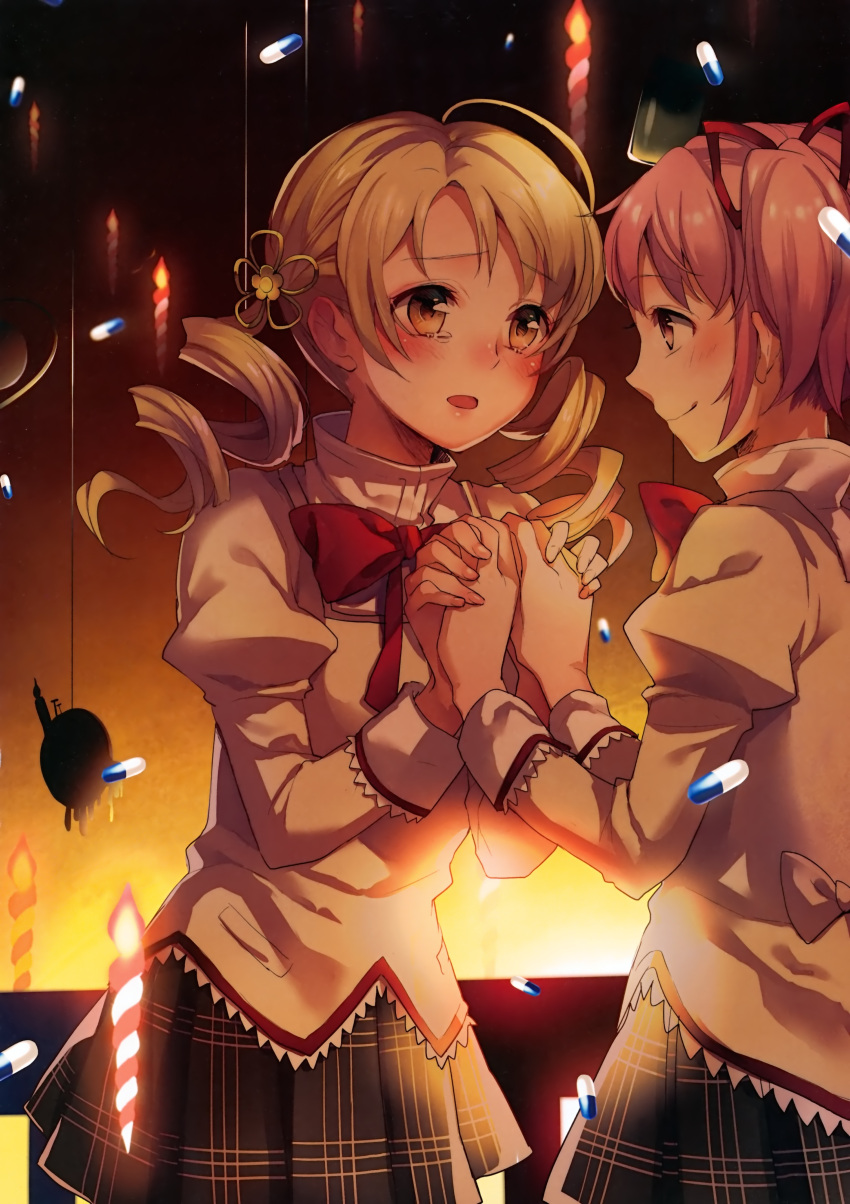 2girls absurdres blonde_hair blush bow drill_hair hair_ornament hair_ribbon hand_holding highres holding_hands juliet_sleeves kaname_madoka long_hair long_sleeves mahou_shoujo_madoka_magica multiple_girls open_mouth pill pink_eyes pink_hair pleated_skirt puffy_sleeves ribbon scan school_uniform short_hair short_twintails skier skirt smile tears tomoe_mami twin_drills twintails witch's_labyrinth yellow_eyes yunco