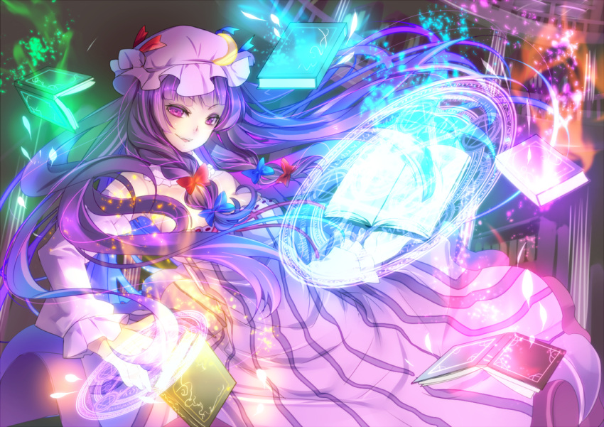 bare_shoulders book bow breasts crescent detached_sleeves dress hat kether kether_(kirabosi105) long_hair magic magic_circle patchouli_knowledge purple_eyes purple_hair ribbon smile solo touhou violet_eyes
