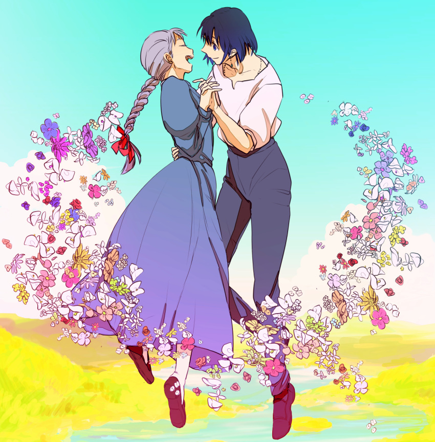 1boy 1girl blue_hair braid closed_eyes couple dress earrings eyes_closed floating flower grey_hair hand_holding happy highres holding_hands howl howl_no_ugoku_shiro jewelry pendant smile sophie studio_ghibli wattaro