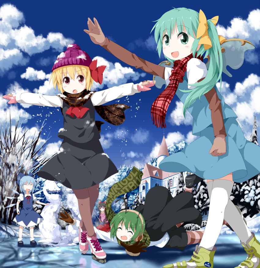5girls adapted_costume alternate_headwear antennae arm_up ascot black_dress black_hair black_legwear blonde_hair blue_dress blue_gloves blue_hair blue_sky bow brown_eyes brown_gloves cape character_name cirno closed_eyes cloud clouds daiyousei dress earmuffs eyes_closed fairy_wings falling fishing_rod forest gloves green_eyes green_hair hair_bow hair_ribbon hakurei_reimu hat highres hole ice ice_fishing ice_skates ice_skating ice_wings lake long_hair long_sleeves multiple_girls nature nazi_salute open_mouth outstretched_arms pantyhose pink_gloves puffy_sleeves red_eyes ribbon rumia scarf scarlet_devil_mansion shirt shocked_eyes short_hair short_over_long_sleeves short_sleeves shorts side_ponytail skates skating skirt skirt_set sky smile snow snow_on_head snowman striped striped_legwear team_9 thigh-highs thighhighs touhou tsurukou_(tksymkw) white_legwear wings winter winter_clothes wriggle_nightbug zettai_ryouiki