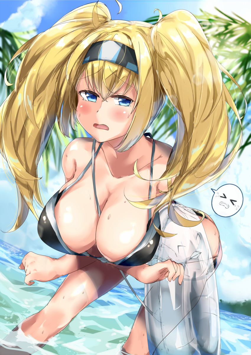 1girl ass bikini black_bikini blonde_hair blue_eyes blue_sky blush breast_grab breasts clouds cloudy_sky eyebrows_visible_through_hair gambier_bay_(kantai_collection) grabbing headband highres kantai_collection large_breasts long_hair looking_at_viewer nagisa_(imizogami) ocean open_mouth palm_tree sky solo swimsuit tree twintails