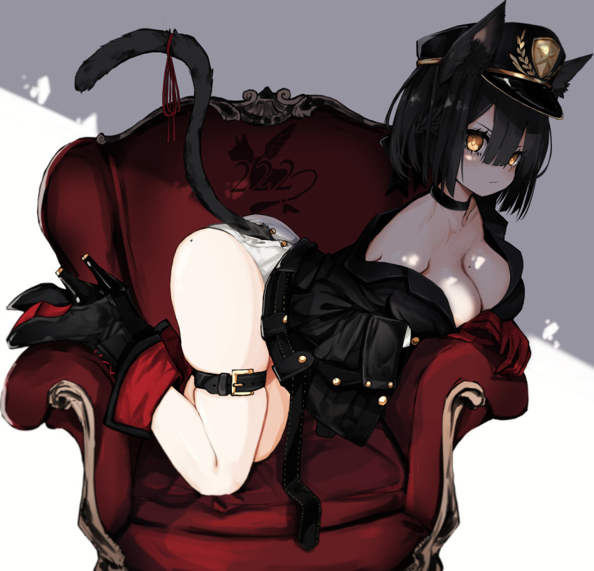 1girl animal_ears armchair bangs bare_shoulders black_choker black_hair bob_cut boots breasts cat_ears cat_girl cat_tail chair choker cleavage collar commentary_request from_side gloves hair_between_eyes hat high_heels jacket looking_at_viewer medium_breasts mole mole_on_ass mole_on_breast naruwe off_shoulder original peaked_cap red_ribbon ribbon short_hair skindentation solo tail tail_ribbon thigh_strap yellow_eyes