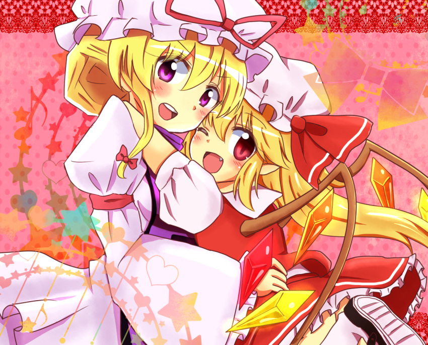 2girls blonde_hair fang flandre_scarlet hair_up hat heart hug mary_janes multiple_girls open_mouth payot purple_eyes red_eyes shoes side_ponytail skirt skirt_set smile star tanikake_yoku touhou violet_eyes wings wink yakumo_yukari