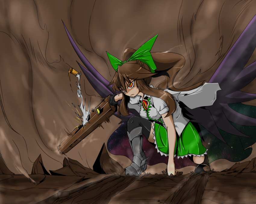 1girl alternate_weapon arm_cannon arm_support asymmetrical_legwear black_wings bloodycat blouse bow brown_hair cape casing_ejection cave greaves hair_bow kneeling long_hair miniskirt mismatched_footwear ponytail red_eyes reiuji_utsuho shell_casing shirt shoes skirt smoke solo thigh-highs thighhighs third_eye touhou weapon white_shirt wings