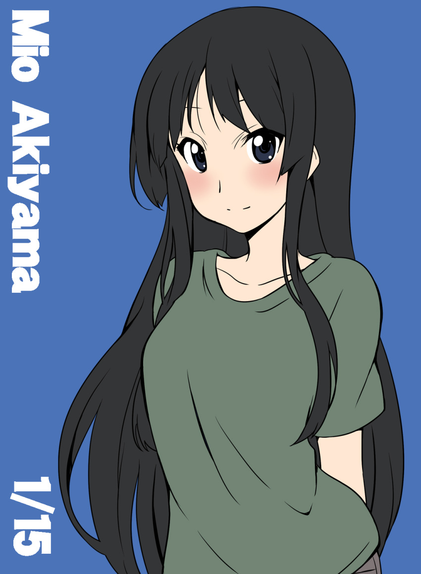 1girl akiyama_mio arms_behind_back black_eyes black_hair blue_background blush character_name highres ikari_manatsu k-on! light_smile long_hair looking_at_viewer payot simple_background smile solo very_long_hair