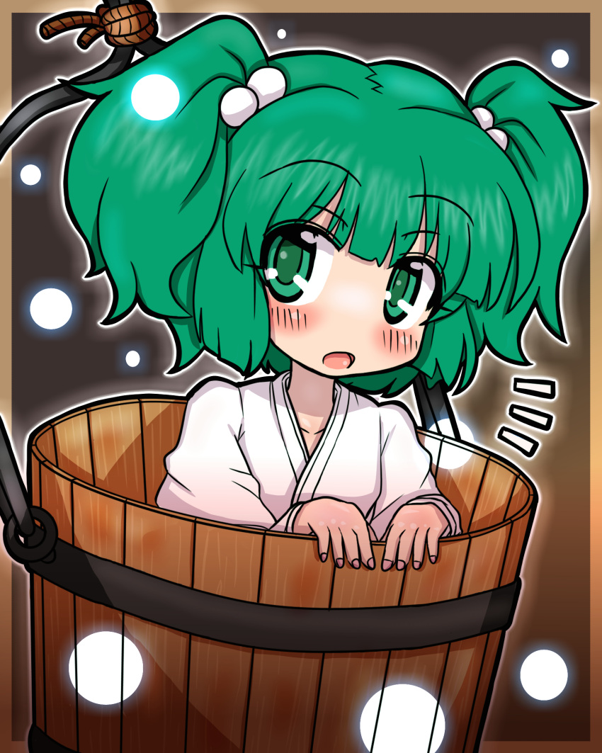 1girl blush bucket eruru_(erl) frame green_eyes green_hair hair_bobbles hair_ornament hat highres in_bucket in_container japanese_clothes kimono kisume long_sleeves looking_at_viewer open_mouth solo touhou twintails yukata