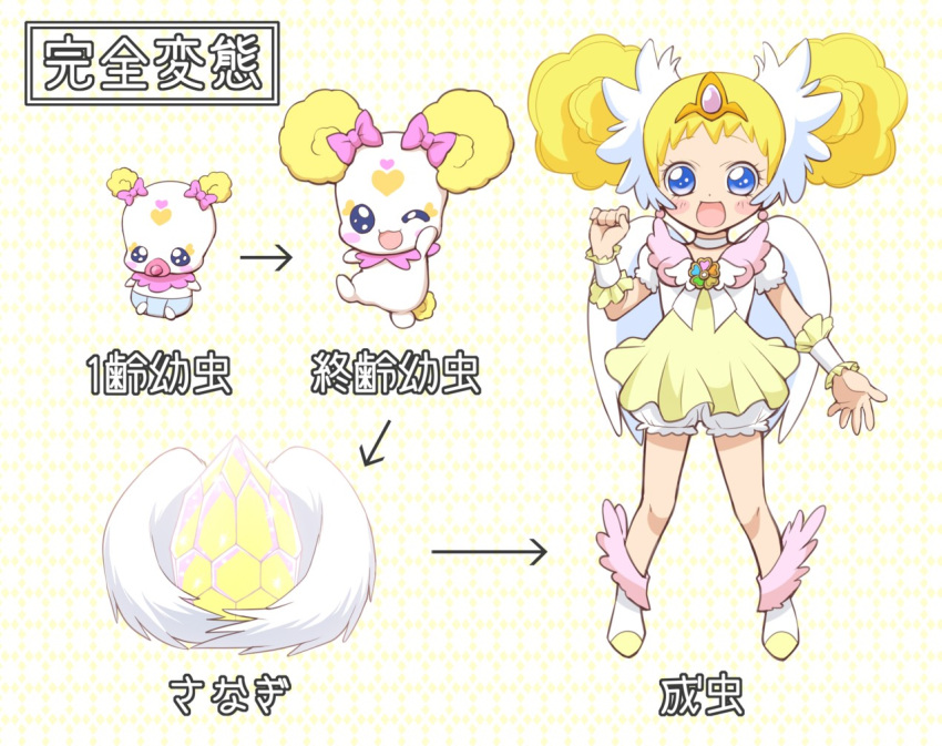 1girl :d baby blonde_hair bloomers blue_eyes brooch candy_(smile_precure!) choker creature double_bun gem happy head_wings jewelry open_mouth pacifier personification precure royal_candy shoes short_hair skirt smile smile_precure! solo tiara volternative white_background wrist_cuffs