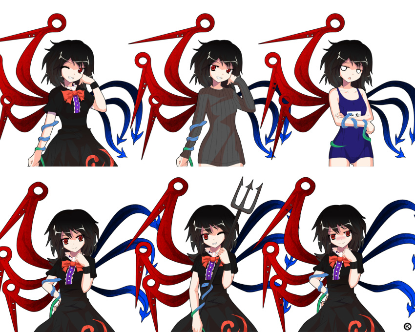 alphes_(style) alternate_costume asymmetrical_wings black_hair blush crossed_arms hand_on_hip hand_on_own_cheek highres holding houjuu_nue kaoru_(gensou_yuugen-an) looking_at_viewer parody polearm red_eyes ribbon school_swimsuit short_dress short_hair short_sleeves smile snake style_parody sweater swimsuit touhou trident weapon wings wink