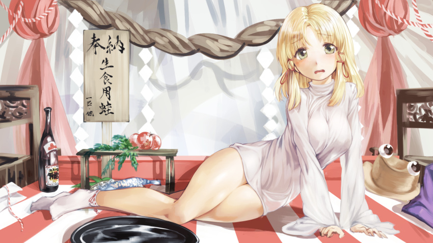 adult arm_support bare_legs blonde_hair blush bottle bottomless breasts geppewi hair_tubes hat hat_removed headwear_removed highres instrument large_breasts long_hair long_sleeves looking_at_viewer moriya_suwako naked_shirt no_pants shamisen shimenawa sinker skirt skirt_removed solo tabi touhou translated translation_request turtleneck white_legwear yellow_eyes