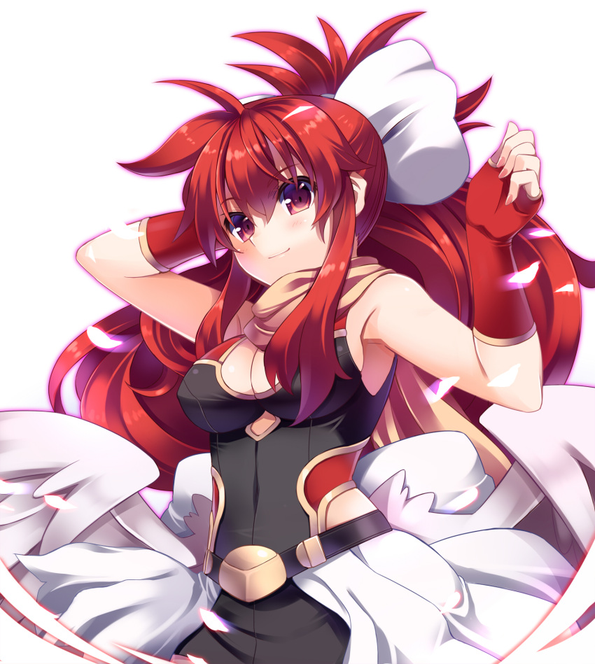 1girl arm_behind_head belt blush bow breasts chibi_(nekomimimi) cleavage cleavage_cutout feathers fingerless_gloves gloves hair_bow highres long_hair low_wings nail_polish ponytail red_eyes red_hair redhead scarf shinrabanshou shiten_rekka_karin simple_background smile solo white_background wings
