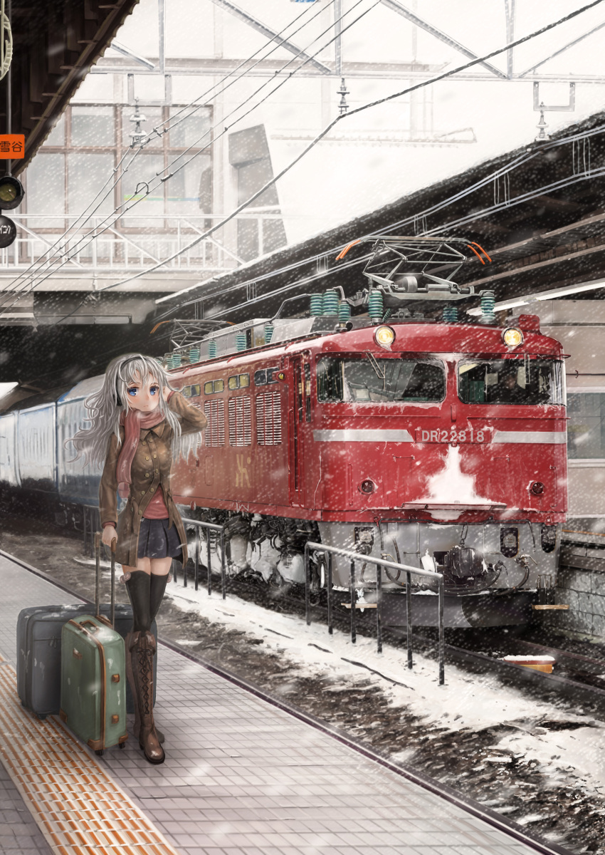 1girl absurdres black_legwear blue_eyes boots cross-laced_footwear earmuffs gd._fengzi hairband headphones highres knee_boots locomotive looking_at_viewer luggage original railroad_tracks scarf snow snowing solo standing thigh-highs thighhighs train train_station white_hair
