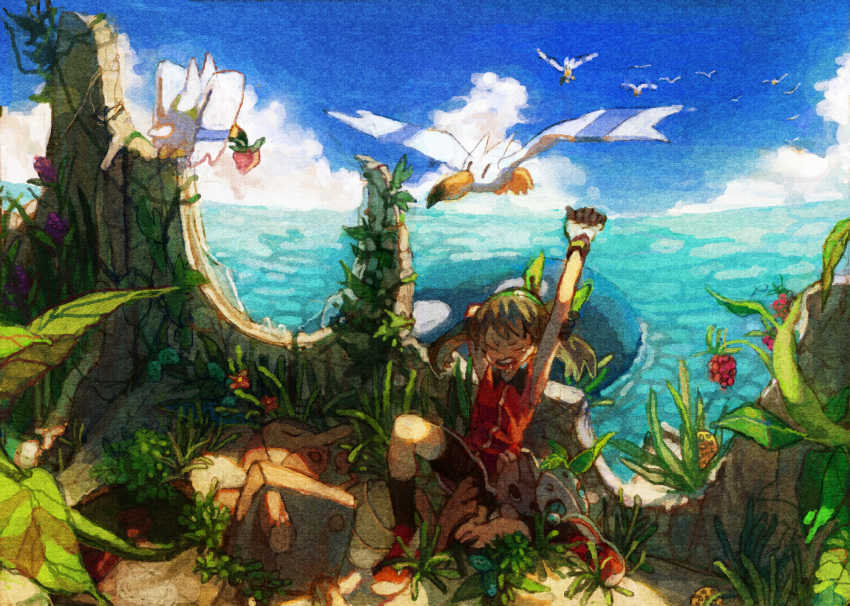 aron bandana berries bike_shorts blue_sky brown_hair closed_eyes cloud clouds flower gloves haruka_(pokemon) haruka_(pokemon_emerald) highres nature nuzleaf ocean odamaki_sapphire open_mouth pokemon pokemon_(creature) pokemon_(game) pokemon_rse ruins satobitorotoku sky twintails wingull yawning