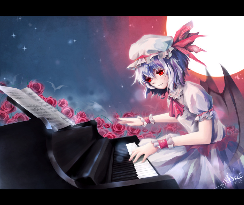 1girl artist_request bat bat_wings blue_hair dress flower hat hat_ribbon highres instrument letterboxed moon musical_note piano playing red_eyes red_moon remilia_scarlet ribbon rose sheet_music short_hair smile solo touhou wings wrist_cuffs