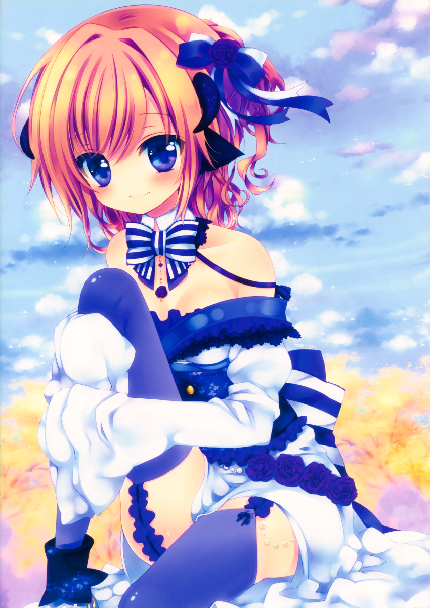 absurdres blue_eyes blue_legwear breasts brown_hair cleavage copyright_request detached_collar garter_straps highres horns japanese_clothes kimono konno_kengo leg_up lolita_fashion long_sleeves off_shoulder possible_duplicate short_hair sitting smile thigh-highs thighhighs uni-guru wa_lolita