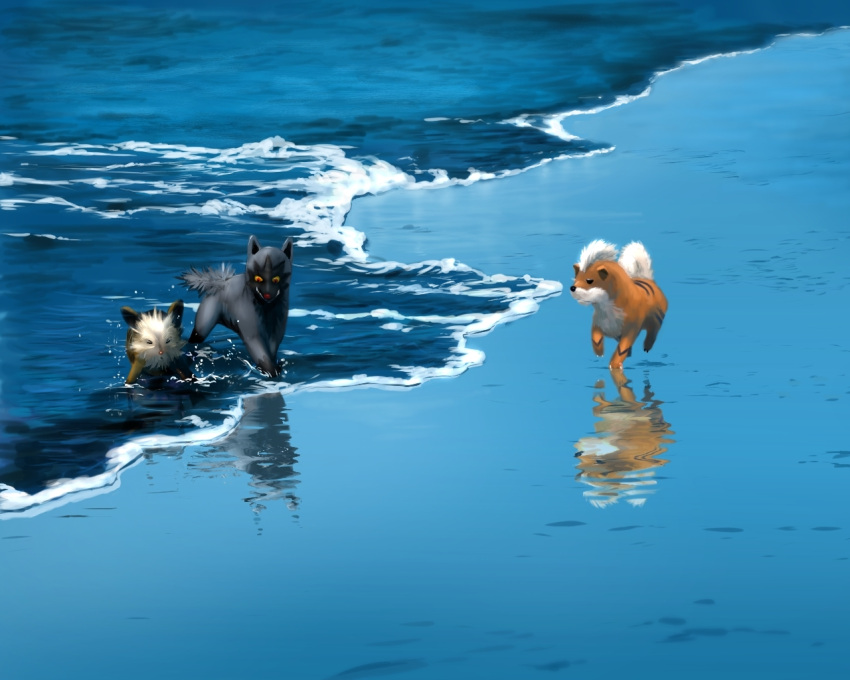 beach cosmo_(465lilia) growlithe lillipup no_humans ocean pokemon pokemon_(creature) poochyena water