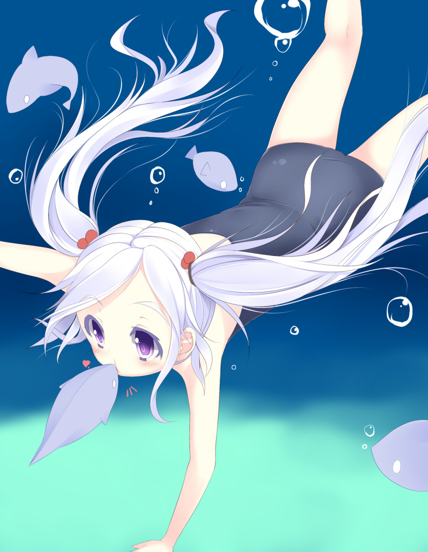1girl blush bubble fish freediving heart highres kiss one-piece_swimsuit original purple_eyes school_swimsuit silver_hair solo sukage swimming swimsuit twintails underwater violet_eyes