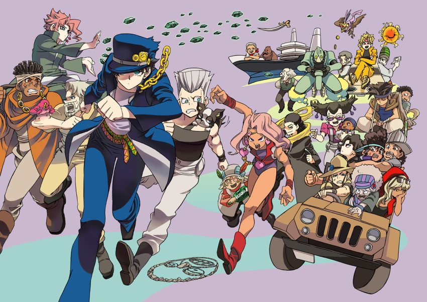 alessi bird boingo cameo_(jojo) daniel_d'arby daniel_d'arby dio_brando emerald enya_geil everyone forever_(jojo) gray_fly_(jojo) hol_horse iggy_(jojo) jean_pierre_polnareff jeep jojo_no_kimyou_na_bouken joseph_joestar judgement_(stand) kakyouin_noriaki kuujou_joutarou mannish_boy mariah midler mohammed_avdol motor_vehicle n'dour n'dour natsuno_(veryroll) oingo orangutan pet_shop rubber_soul steely_dan sword terence_trent_d'arby terence_trent_d'arby the_sun_(stand) vanilla_ice vehicle weapon