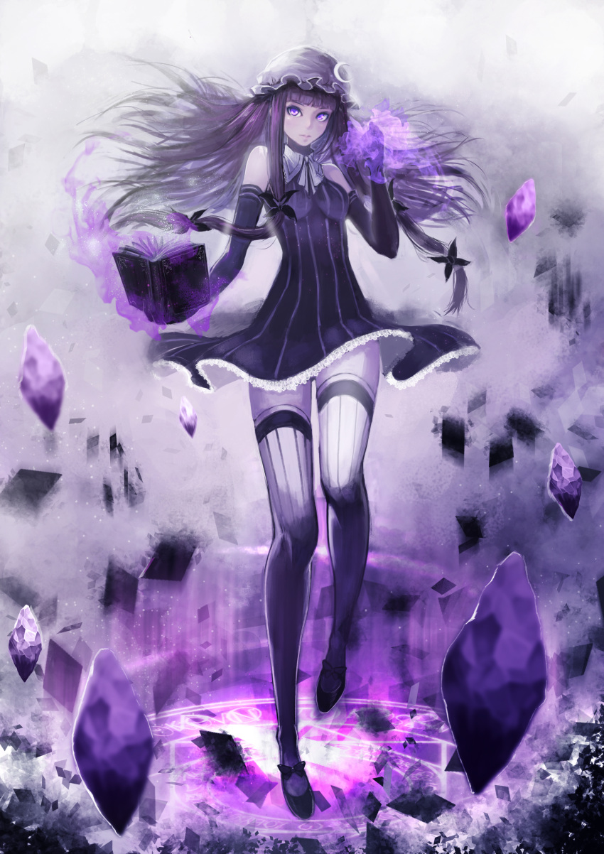 1girl absurdres alternate_costume bare_shoulders book bow crescent crystal dress hair_bow hat highres long_hair magic_circle patchouli_knowledge purple_eyes purple_hair sola7764 solo thigh-highs thighhighs touhou violet_eyes zettai_ryouiki
