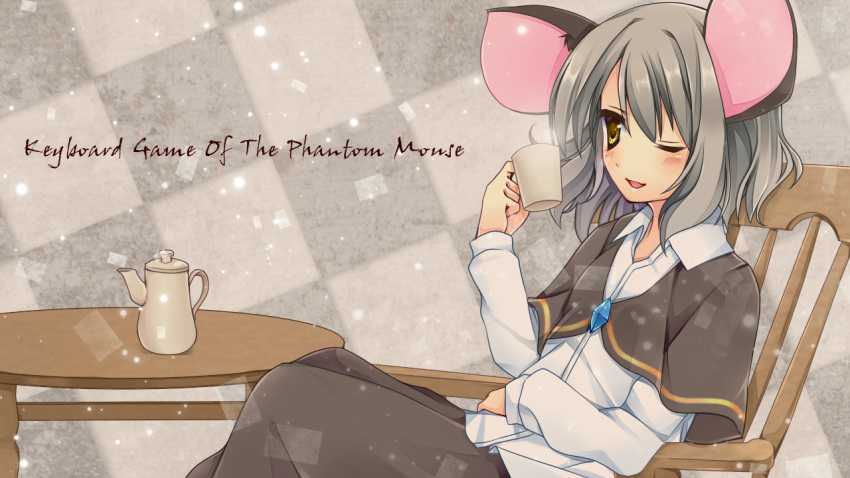 1girl capelet chair cup dress_shirt grey_hair kujou_mikuru mound_of_venus nazrin open_mouth shirt short_hair sitting skirt smile solo table teapot touhou wink yellow_eyes